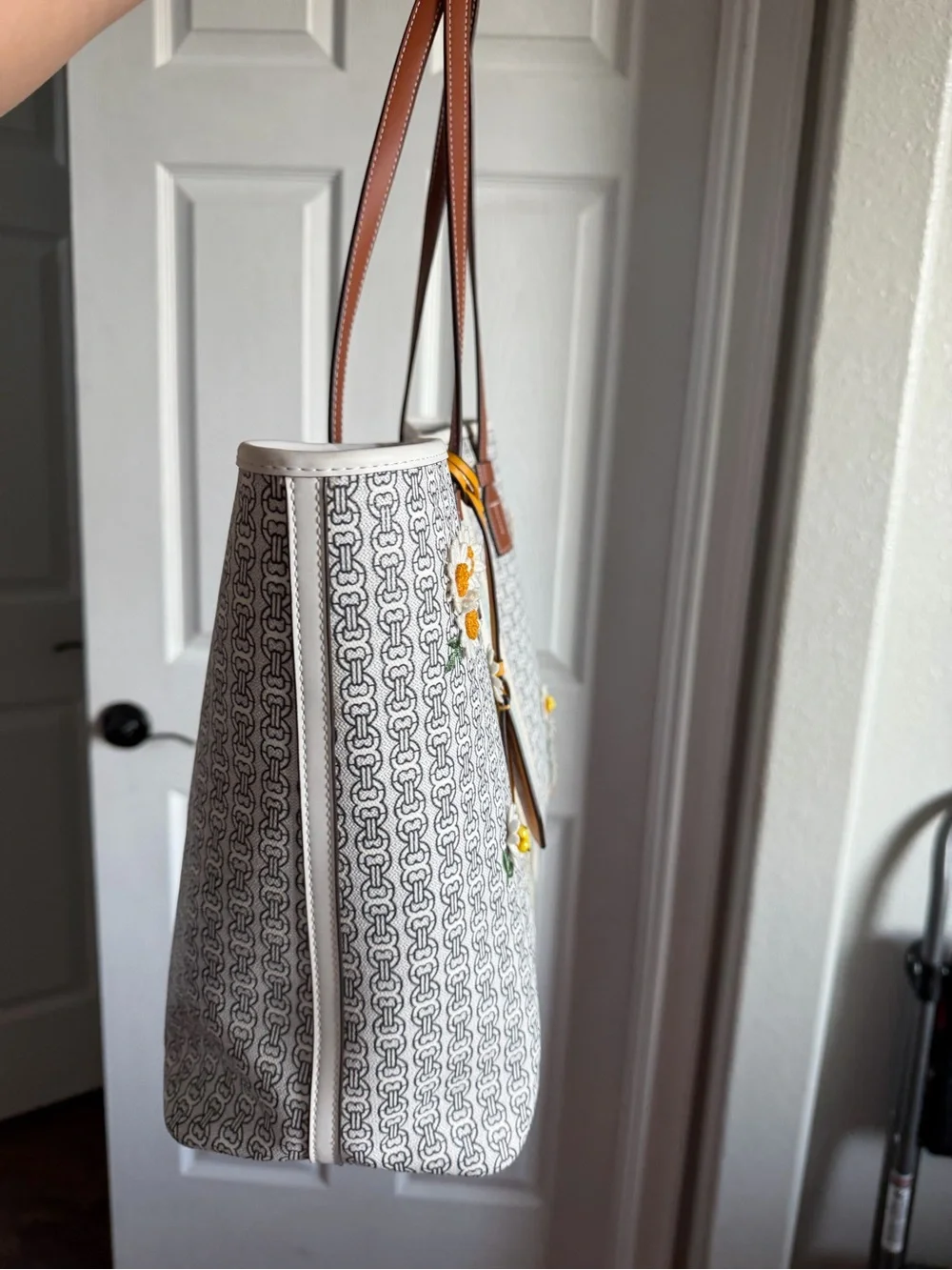 Tory Burch Tote Bag with Daisy Embroidery & Brown Leather Handles